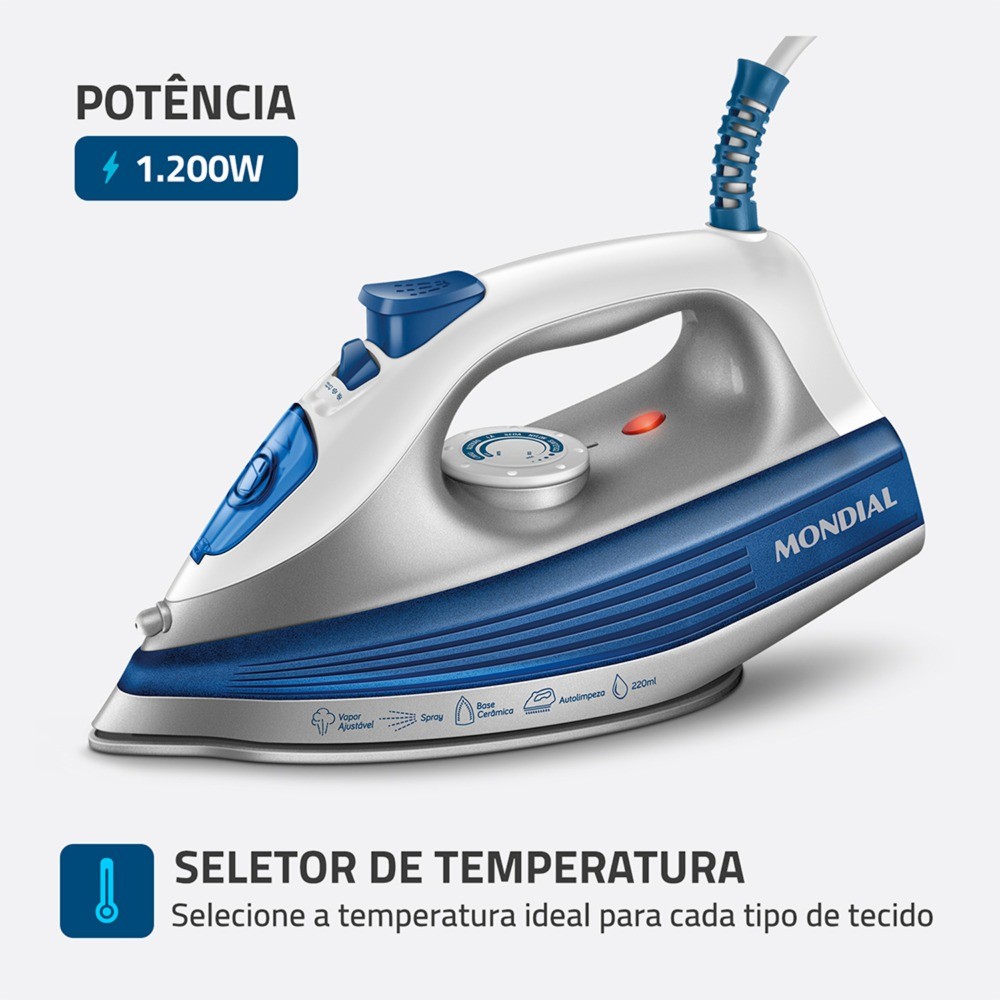 Detalhes do Ferro de passar a vapor 1200 watts - FVN-01-BL - Mondial