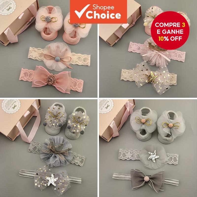 Conjunto De Faixa E Meias Com Laço De Renda Para Bebês Meninas , Acessórios Florais De 3 Peças Cabelo