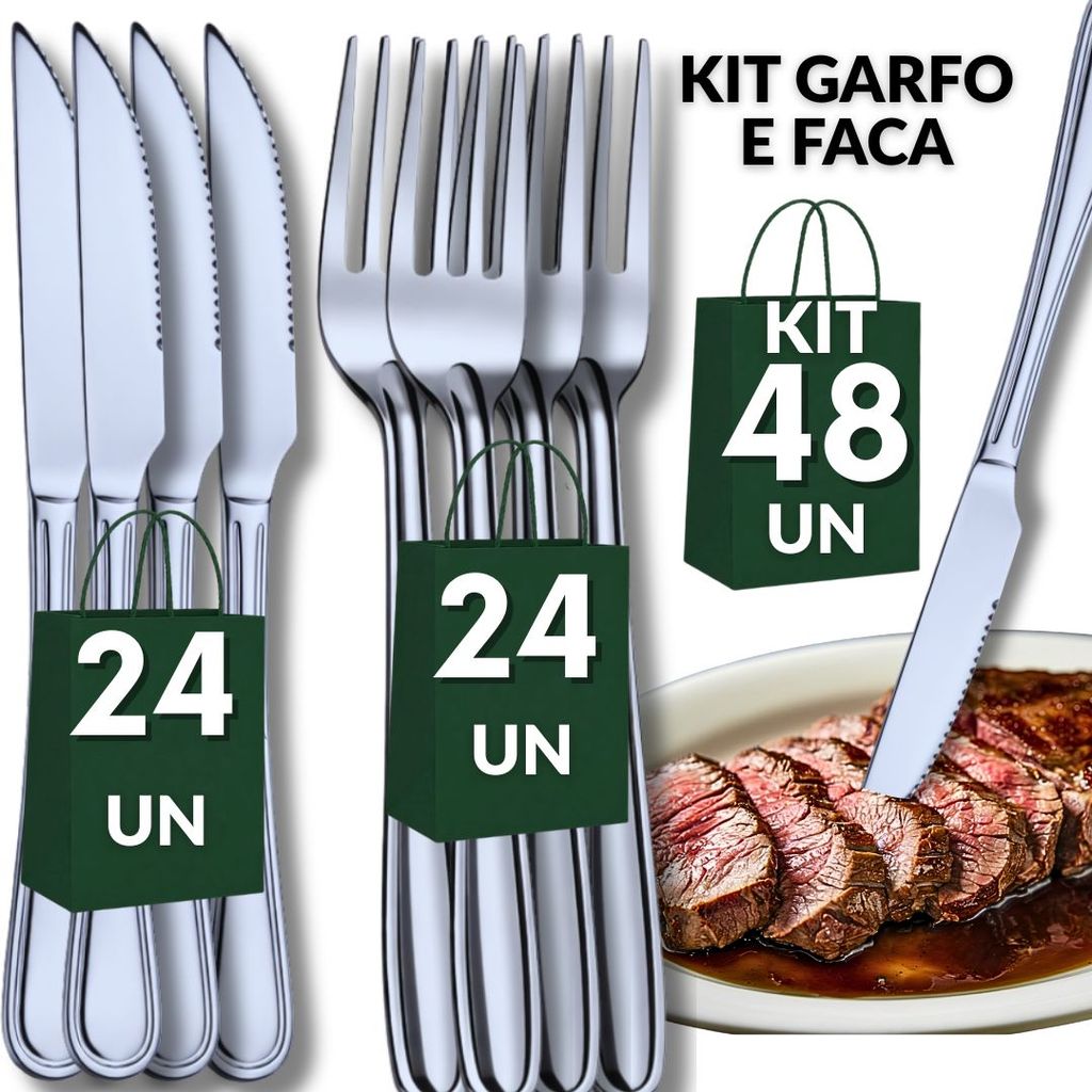Conjunto 48  Talheres Inox 24 Faca 24 Garfo  Cozinha Restaurante Buffet Casa Resistência Qualidade Utilidades