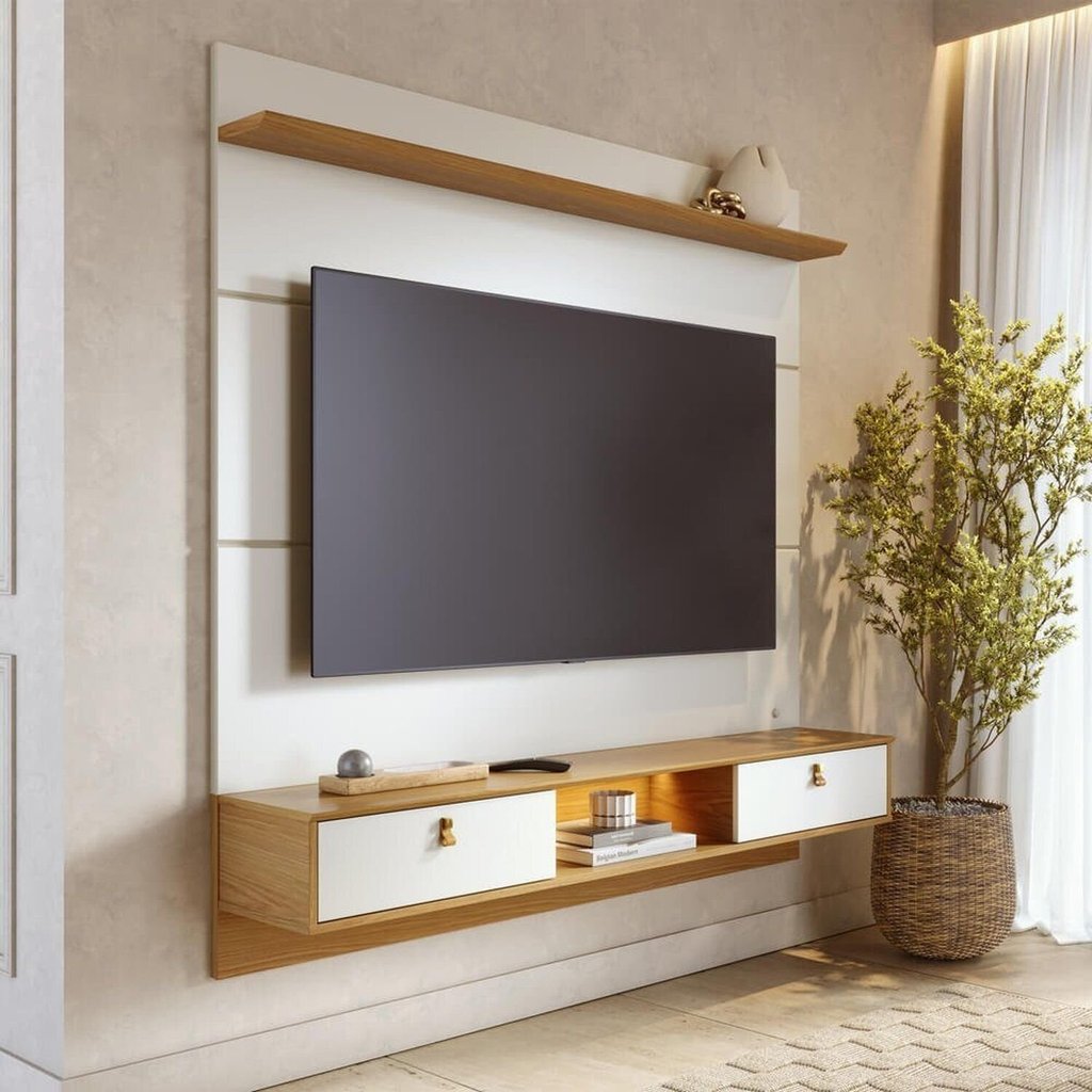 Painel para TV até 60 Polegadas com 160cmx164cm Led Bali Branco Off White Matte/Freijó Off White Matte/Freijó
