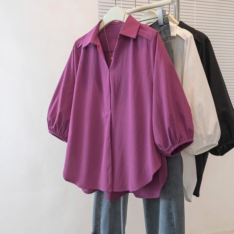 Camisa roxa do bebê com decote em V camisa de ombro genuína feminina 2026 início da primavera moda pequena camisa gorda