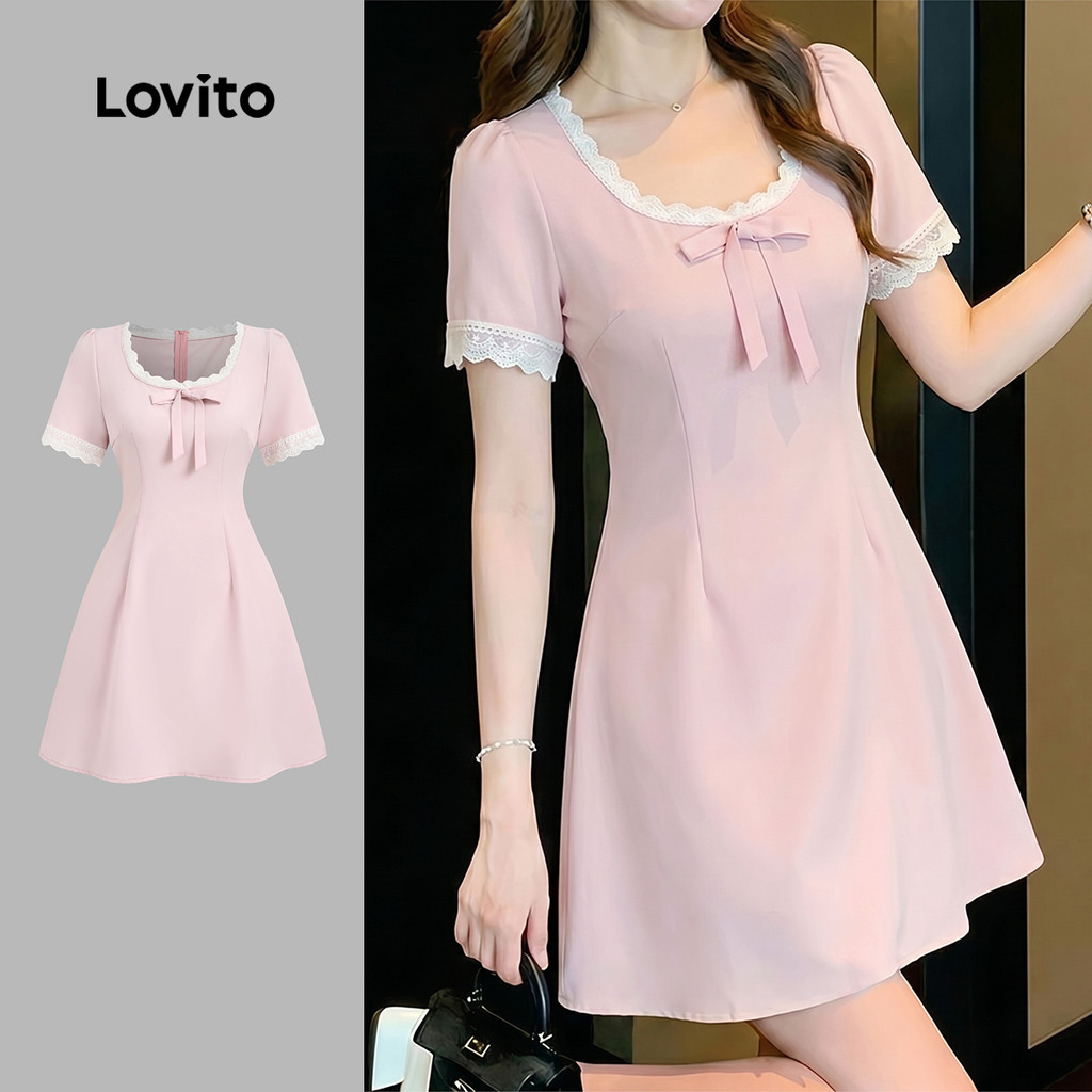 Lovito Vestido Casual Rosa com Blocos de Cor Babados e Laço para a Primavera/ver