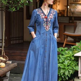 2026 Primavera Estilo Étnico Bordado Vestido Feminino Com Decote Em V Slim Fit Elegante Denim Longo