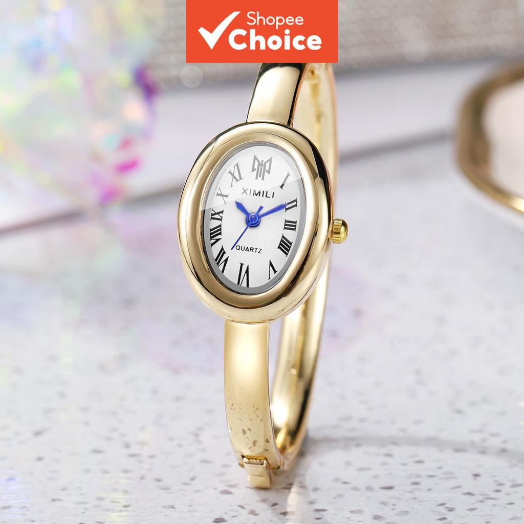 Relógio de Quartzo Feminino com Mostrador Oval Elegante Roma e Pulseira Bangle
