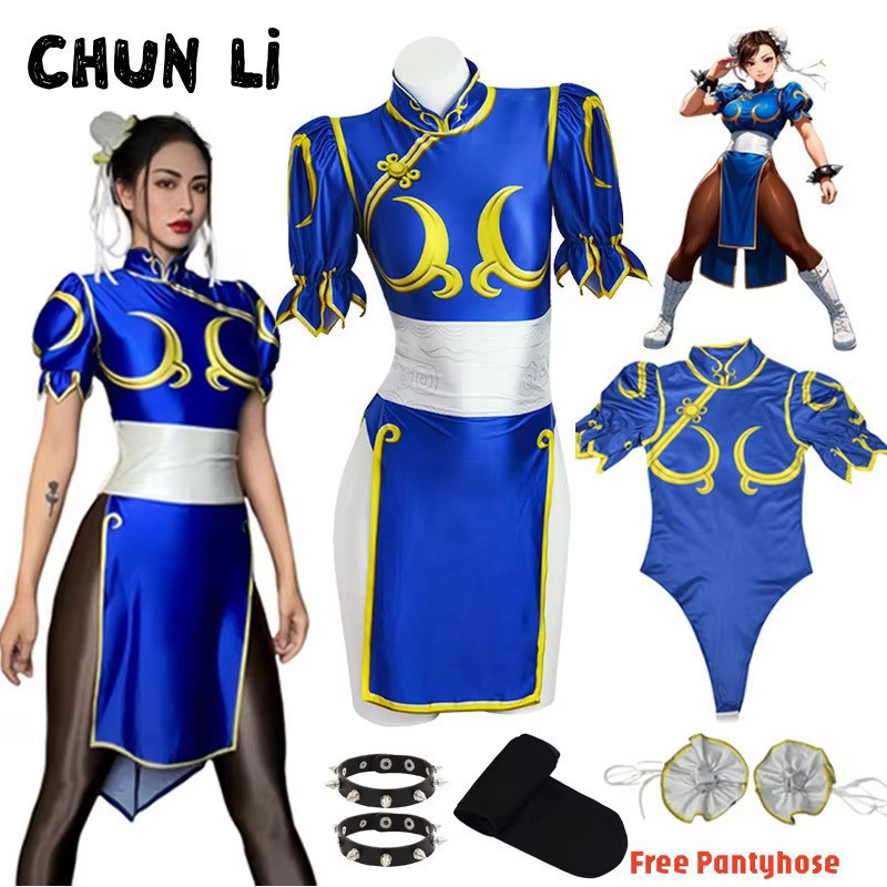 Fantasia de Chun Li de Street Fighter, Cheongsam Azul com Presilha de Cabelo e Cinto, Fantasia de Halloween DS56