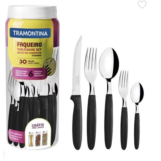 Faqueiro Tramontina Ipanema 30 Peças Talheres Inox Cabo Preto Com Pote Multiuso Original Serve 6 Pessoas