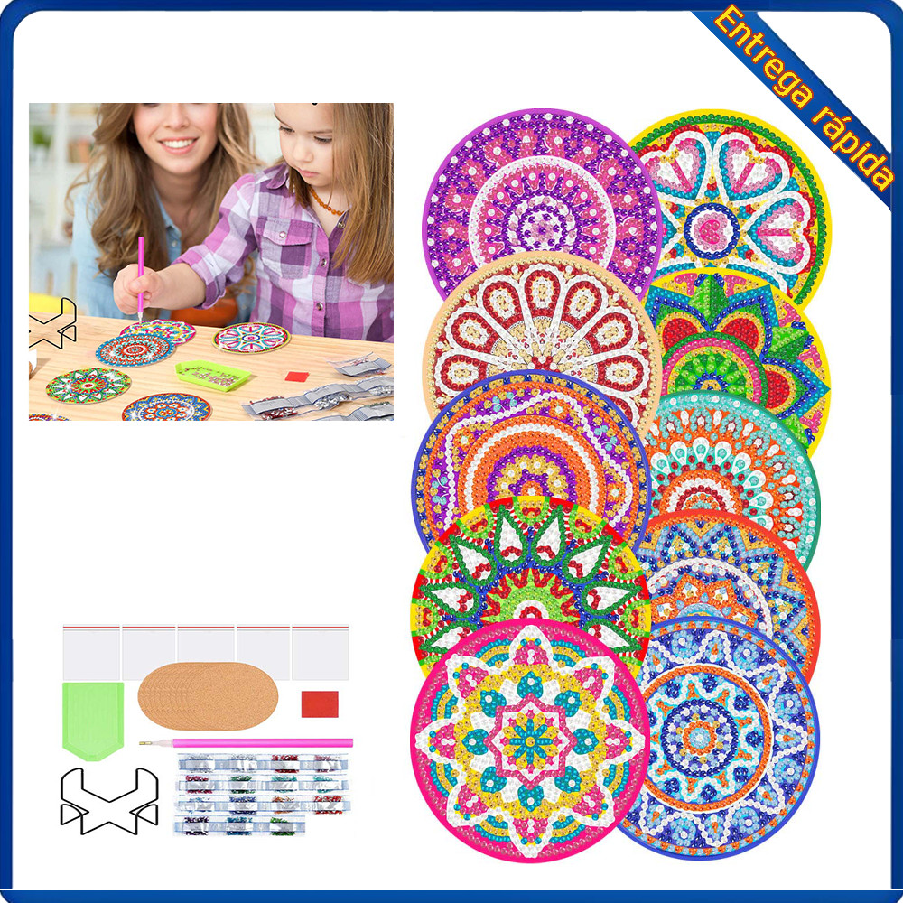 10 porta-copos de broca de ponto DIY estilo Mandala diâmetro 10 cm com suporte para porta-copos e outras ferramentas que
