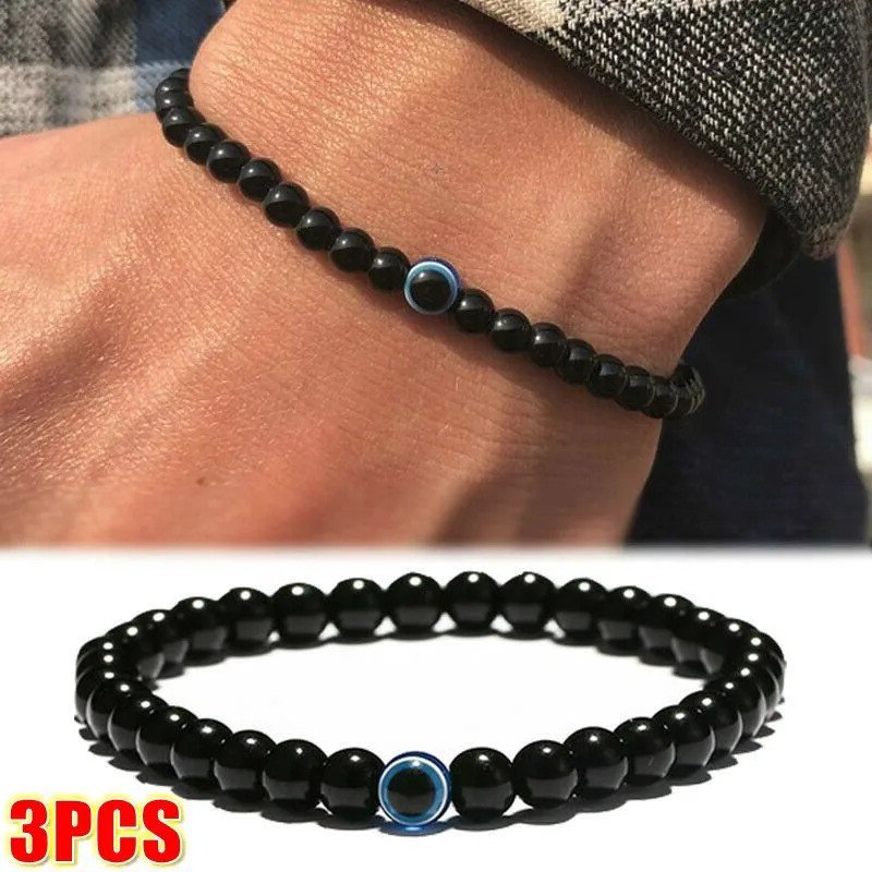 Pulseira Turca Olho Grego com Contas de Pedra Natural Preta Obsidiana, Pulseira Masculina e Feminina, Acessórios de Joal
