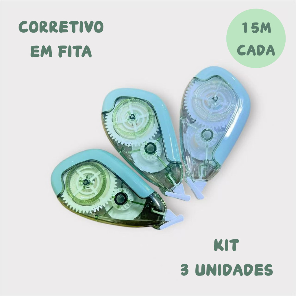 Kit 3 UNIDADES Fitas Corretivas 15m*5MM*3 unidades  Escolar – Verde e Roxo  rendimento prolongado