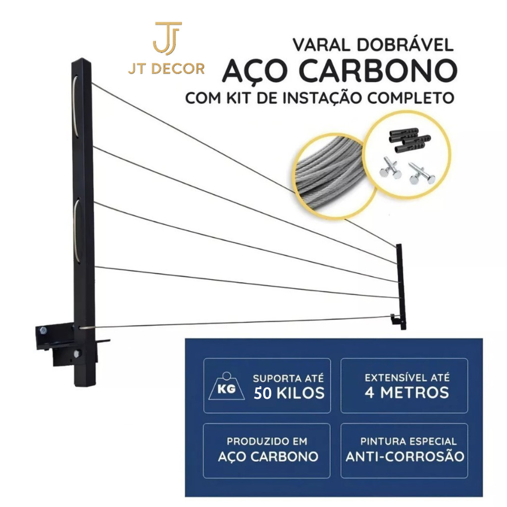 Varal De Parede Retrátil Em Aço Dobrável, Articulado, Cabo De Aço Encapado ENVIO IMEDIATO em Oferta na Shopee