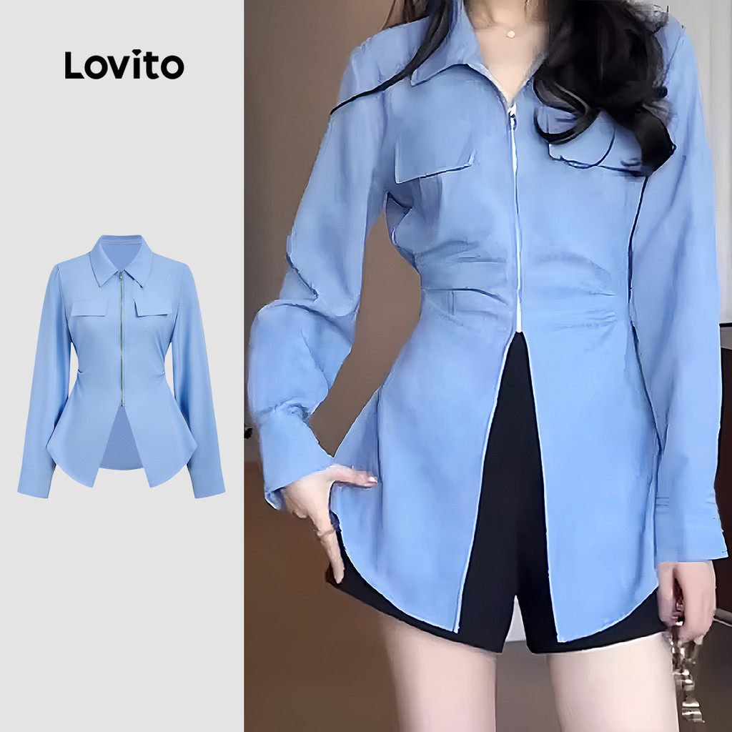 Lovito Blusa Casual com Zíper Outono/inverno Blusa Azul para Mulheres L166AD989 em Oferta na Shopee