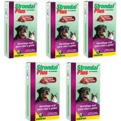Kit 5 Strondal Plus Carne Vermífugo 4 Comprimidos Cães/Gatos