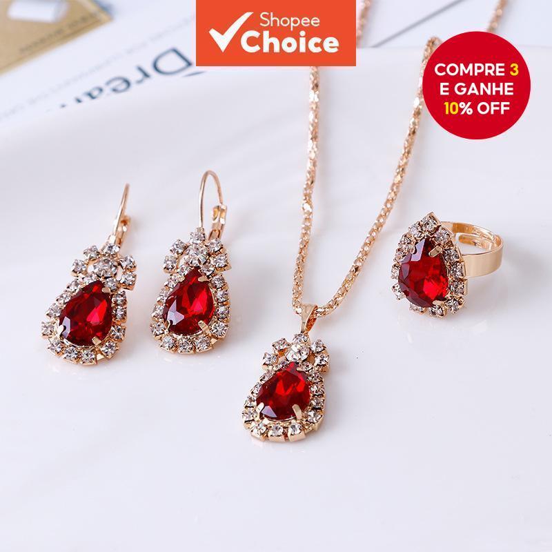 Elegante Conjunto De Anel De Brinco De Colar De Cristal Gota D'água Para Acessórios De Moda De Festa De Noiva em Oferta na Shopee