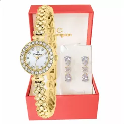 Relógio Feminino Analógico Dourado Champion Pequeno com Brilhantes + Brincos CF25536H Relógio Feminino Luxo