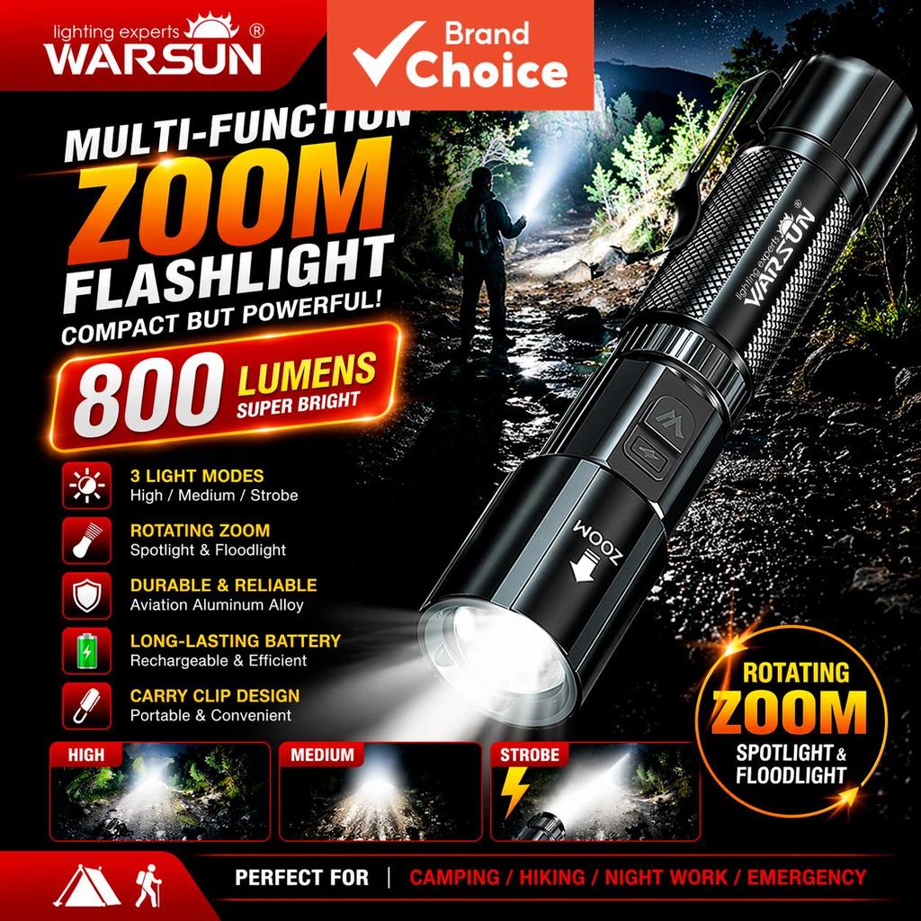 WARSUN BL-8S Lanterna de Busca Recarregável, Lanterna LED de Alta Potência Ultra Brilhante, Tocha de Longo Alcance para