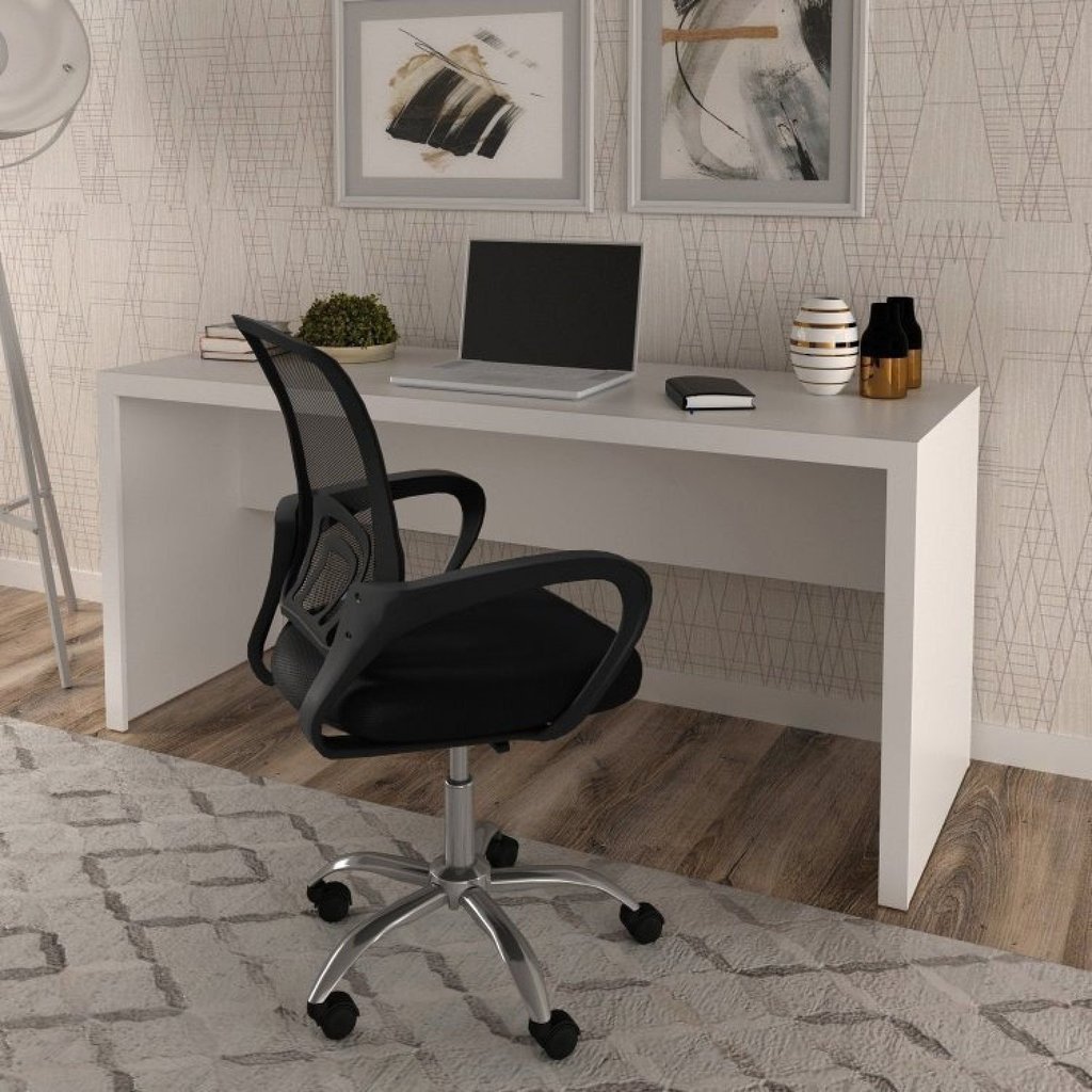 Conjunto 2 Peças com Escrivaninha 163cm com Cadeira de Escritório Diretor Tela Mesh Branco Branco/Preto