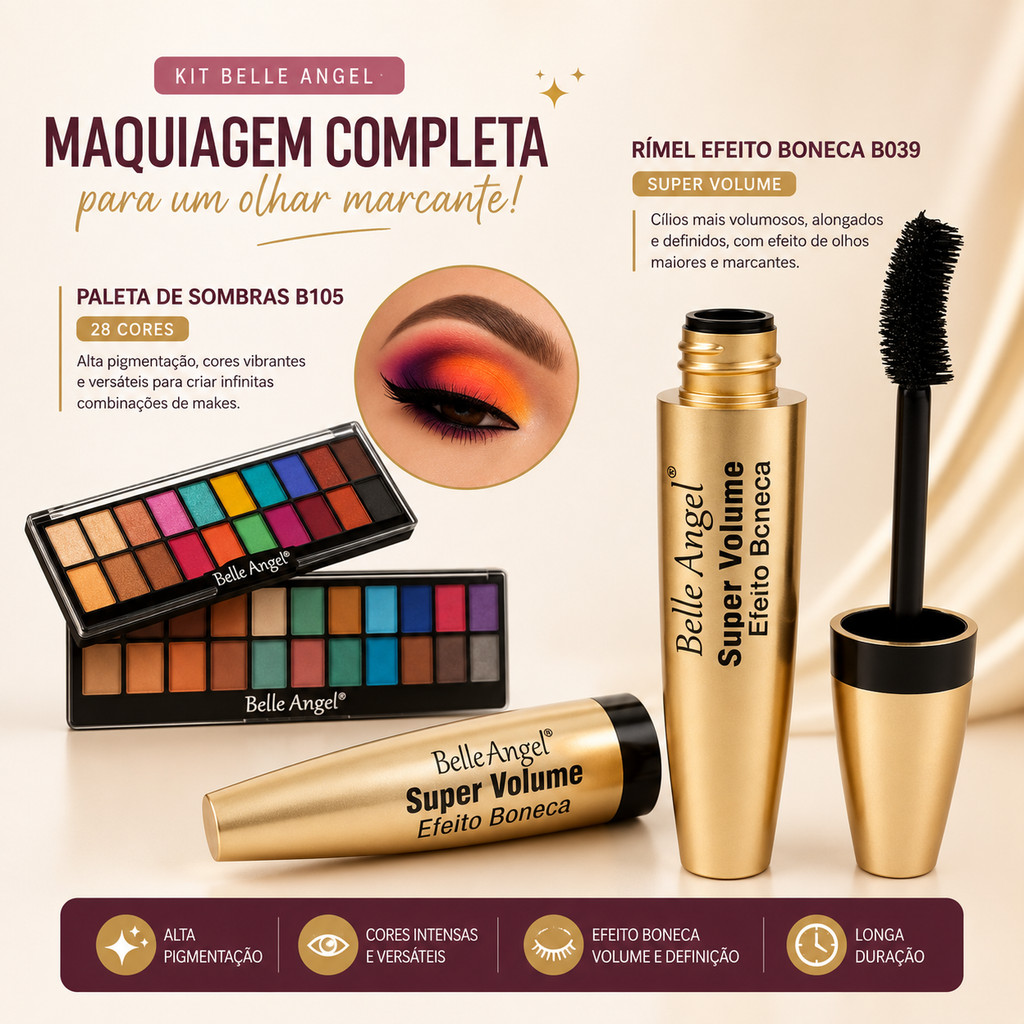 Kit Paleta de Sombras Belle Angel B105 28 Cores + Rímel Efeito Boneca B039 Alta Pigmentação Olhar Marcante Duradouro