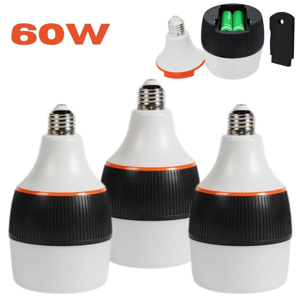 Kit 3 Lâmpadas de Emergência Bocal 60W LED E27 Recarregável Até 6h Autonomia Bivolt