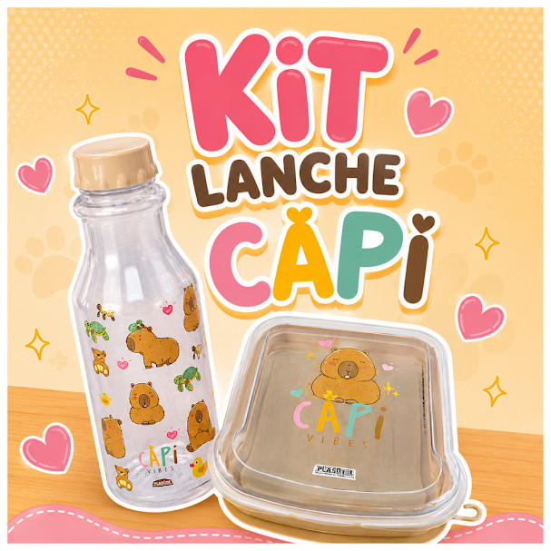 O Kit Lancheira Capivara Plasútil 02 Peças Sanduicheira + Garrafa Infantil Retrô 500ml CapiVibes