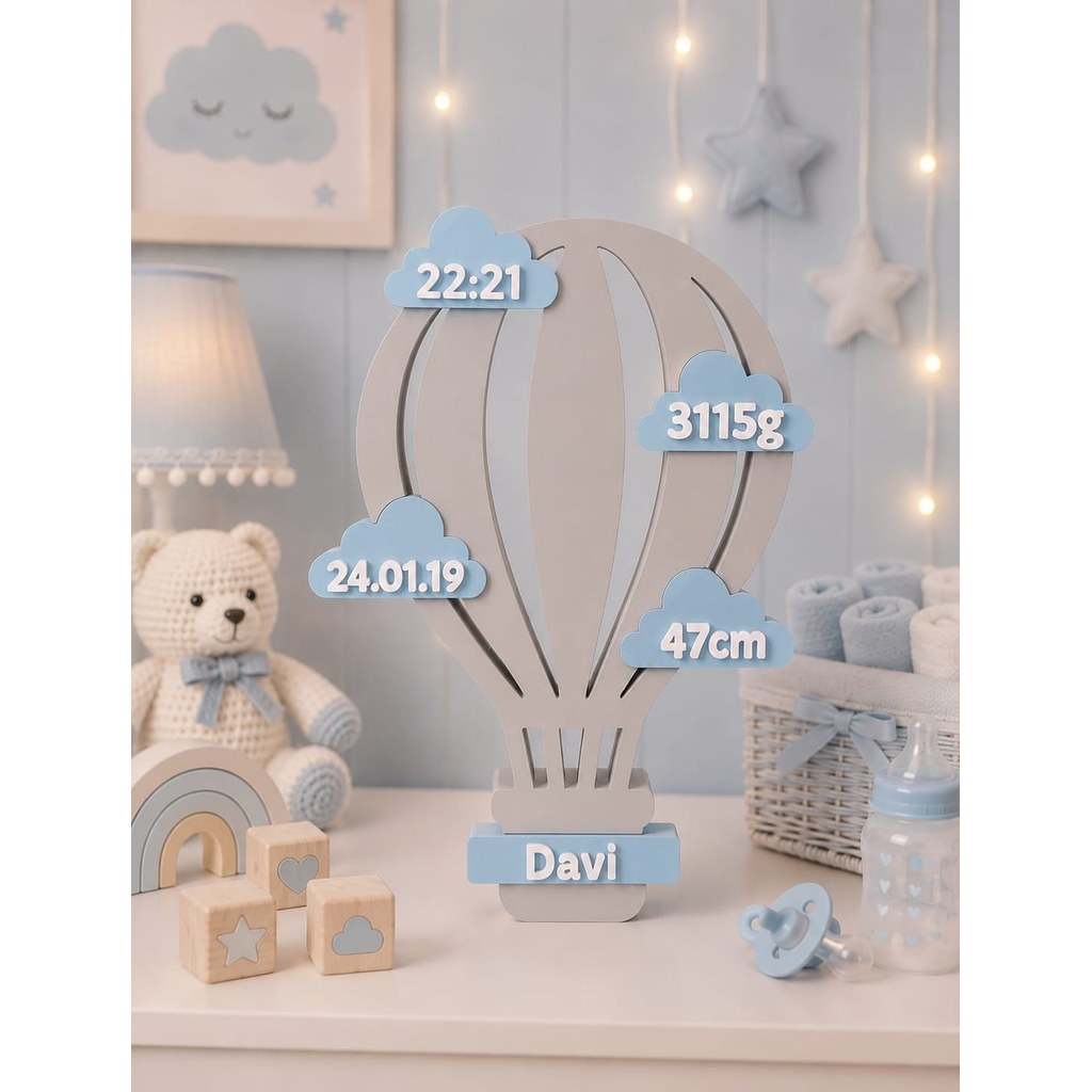 Enfeite Balão de Ar Quente Personalizado Nascimento Bebê Decoração Quarto Maternidade