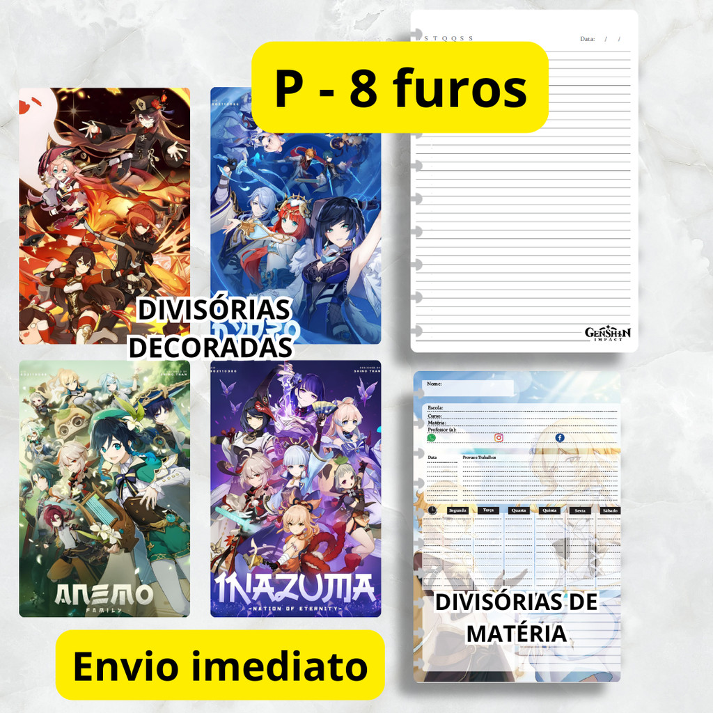 REFIL 100 FOLHAS PARA CADERNO DE DISCO GENSHIN IMPACT (P - 8 FUROS) E KIT DIVISÓRIA