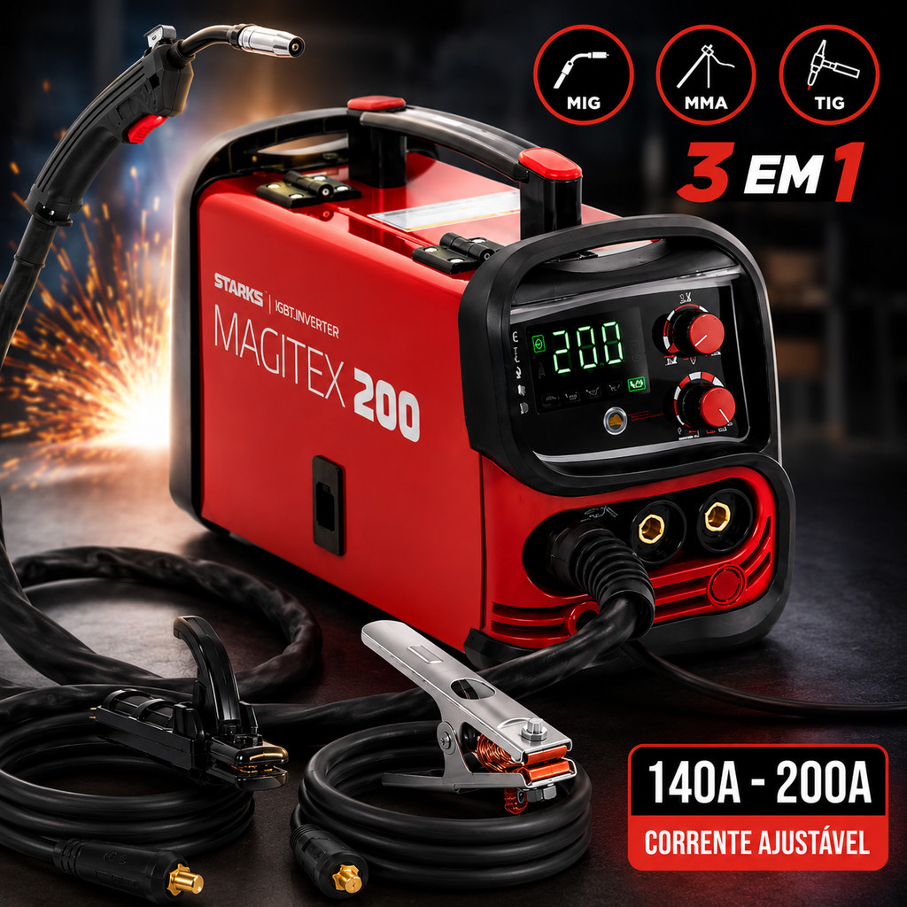 Máquina de Solda Inversora 3 em 1 MIG MMA TIG 140–200A Portátil Profissional com Painel Digital