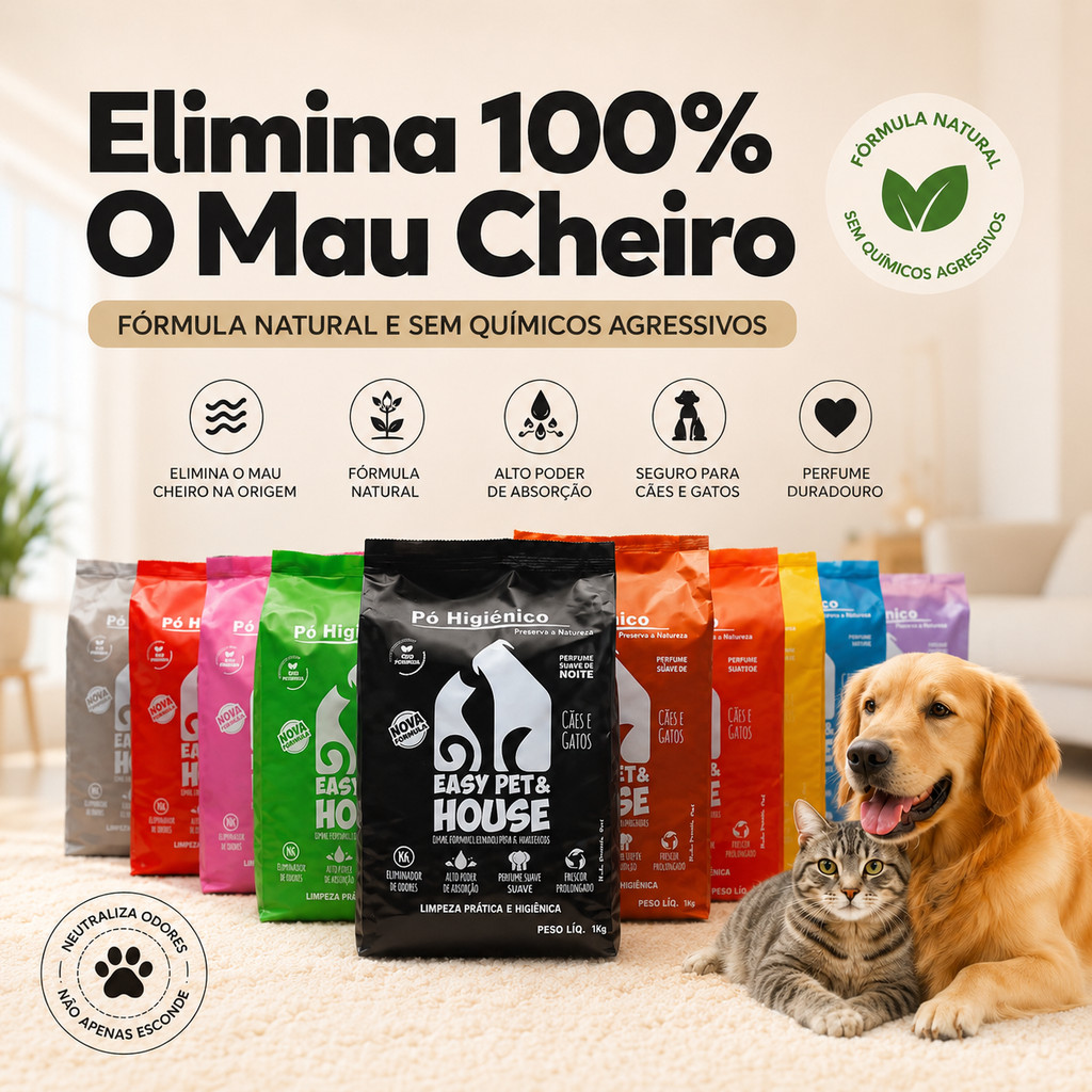 Pó Higiênico Eliminador de Odores Easy Pet & House 1 Kg Caixa de Areia e Seca Xixi Cães e Gato