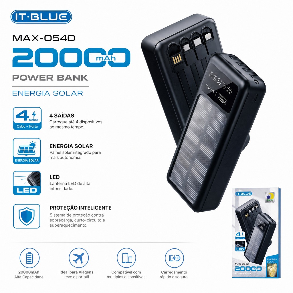 Power Bank Solar 20000mAh IT-BLUE MAX-0540 com 4 Cabos Integrados, LED e Carregamento Rápido