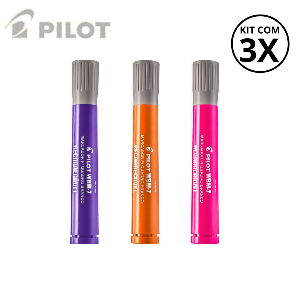 Kit com 3 Marcadores Para Quadro Branco WBM-7- PILOT Cor:Violeta+Laranja+Rosa