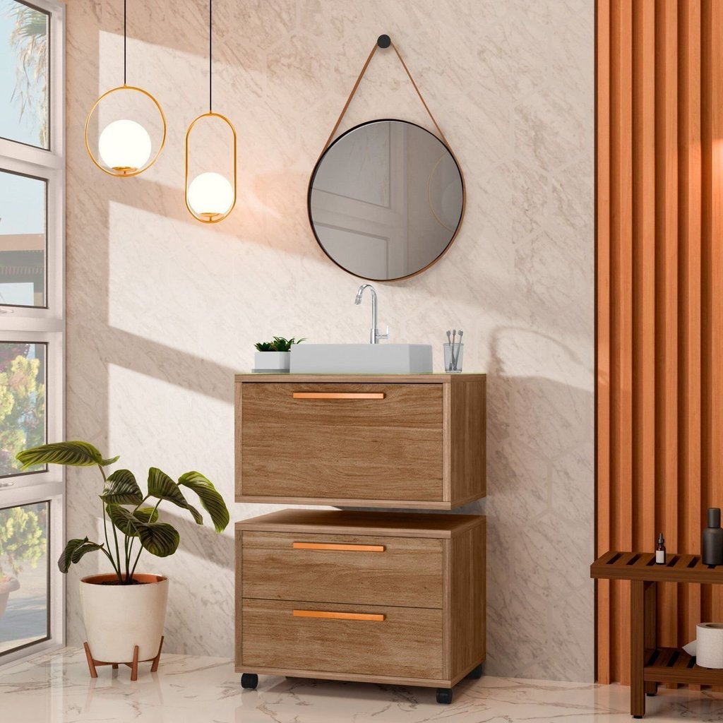 Conjunto Gabinete para Banheiro com Rodizio, Tampo de Vidro, Cuba de Sobrepor e Espelho Kyoto 60 Cm Avelato