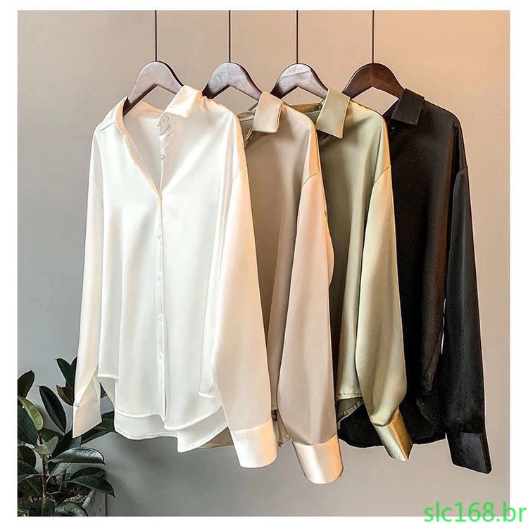 Camisa Feminina de Cetim de Manga Longa 2022/Soltinha/Retro/Simples/Casual/Cor Lisa/Combina com Tudo 3841
