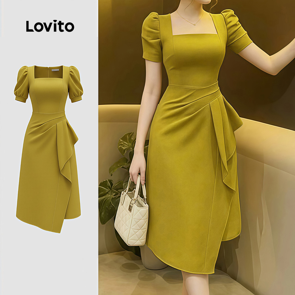 Lovito Vestido Casual Plissado Primavera/verão Cáqui para Mulheres LK4ED843