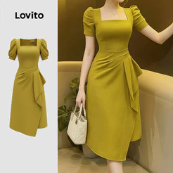 Lovito Vestido Casual Plissado Primavera/verão Cáqui para Mulheres LK4ED843