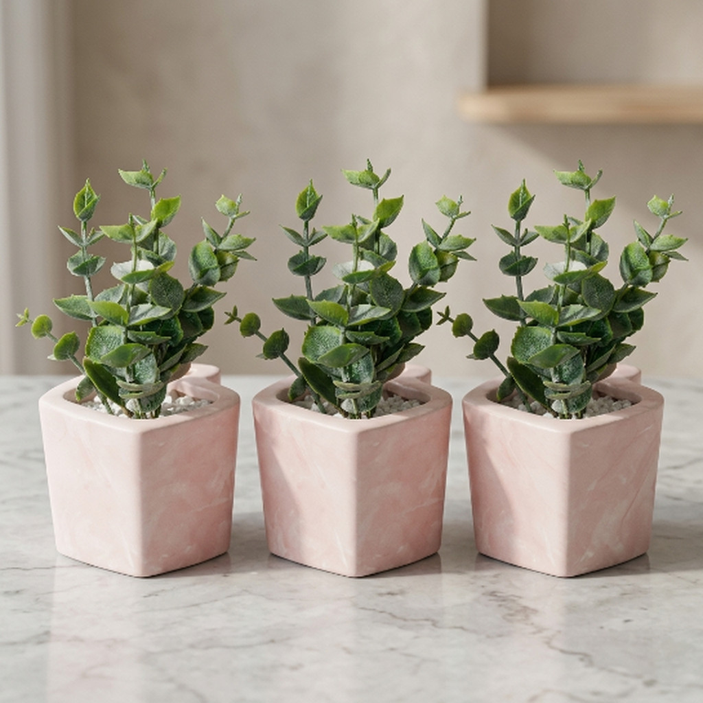 Kit 3 Mini Vasos Gesso Coração Com Plantas Artificiais Artesanal Luxo Marmorizado