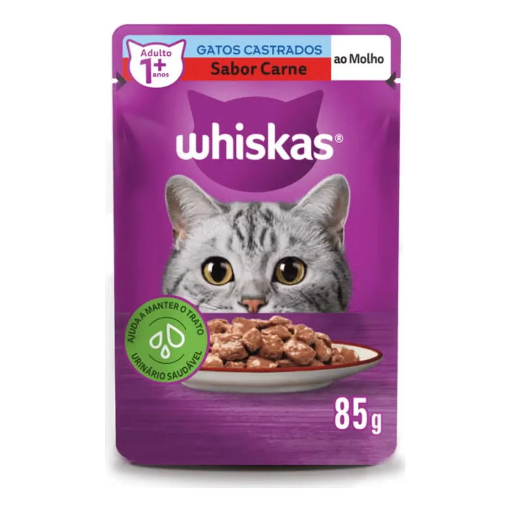 Ração Úmida Sachê Whiskas Gato Castrado Carne 85g - 05un