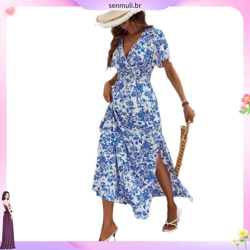 Vestido novo vestido feminino de verão premium plus size feminino gordo mm vestido longo com cintura fina com gola v sai