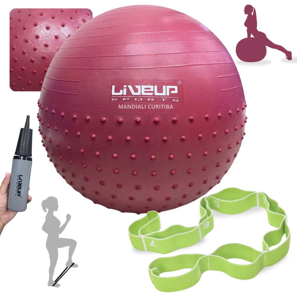 Kit Bola Massageadora 65cm Suíça Pilates Textura Cravo + Mini Bomba + Elasticband Multinível Médio