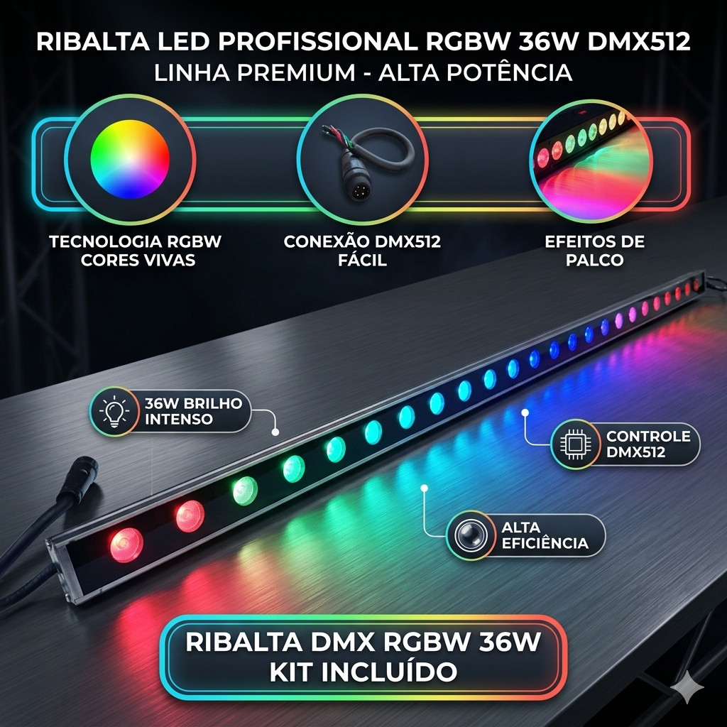 Ribalta Refletor Luz Led Rgbw 24 Leds 24v Dmx512 36w com Conector Iluminação de Palco DJ Festa