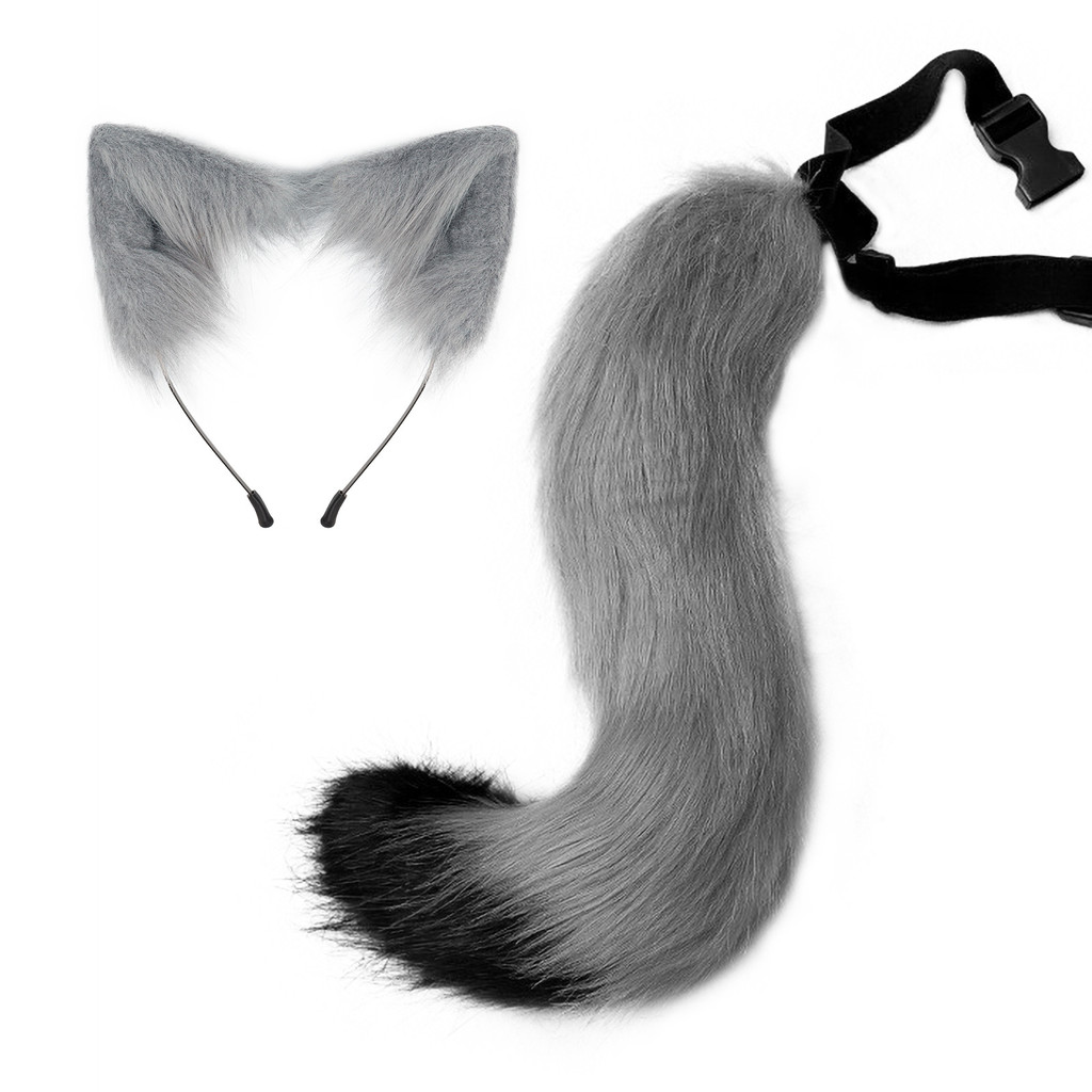 Fantasia de gato de pelúcia com cauda e tiara, acessório de cosplay de raposa, cauda e orelhas realistas para Halloween