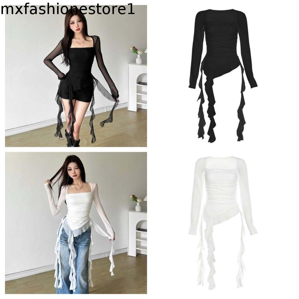 MXFASHIONE Slim Fit Crop Tops , Gola Plissada Elf Manga Longa Medusa Malha Cinto Camiseta , Transparente