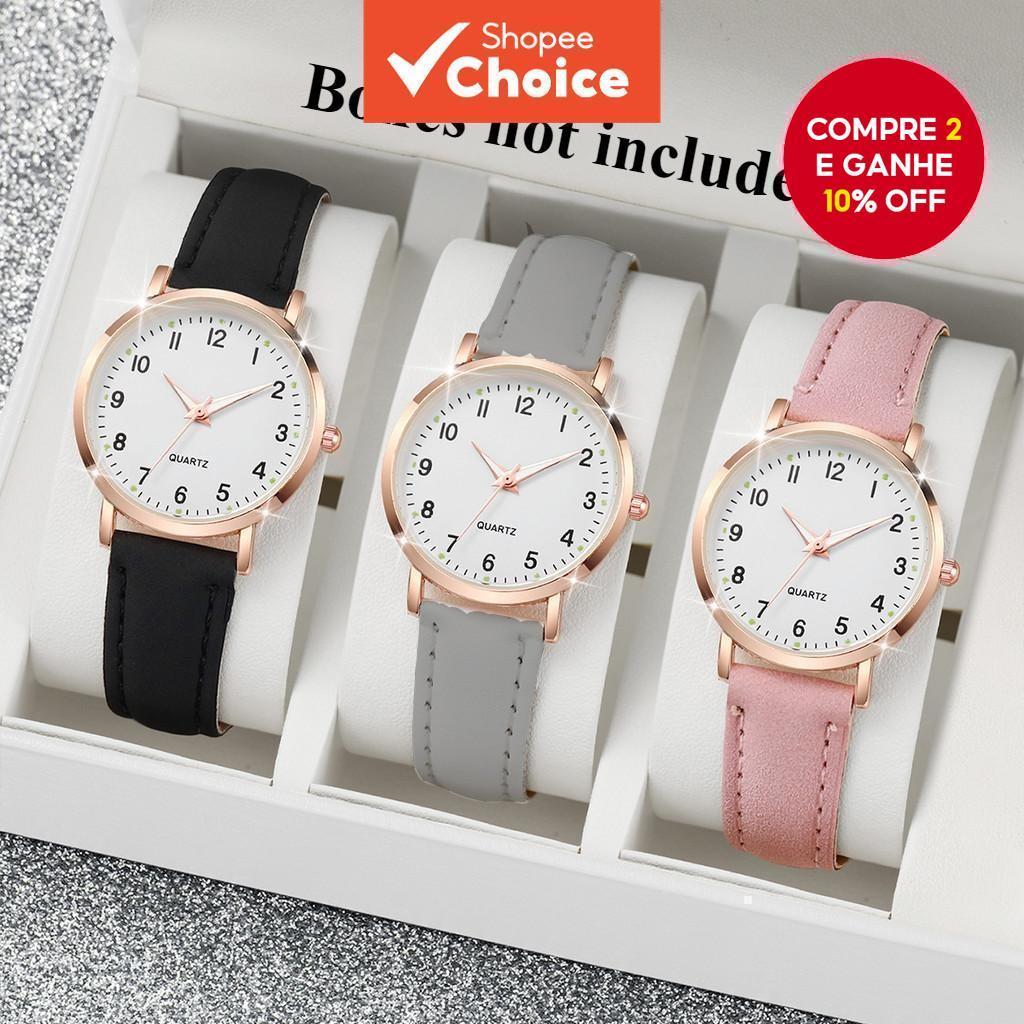 Conjunto De Relógio De Quartzo Elegante Feminino De 3 Unidades Com Pulseira De Couro PU Mostrador Redondo Para Uso Diári