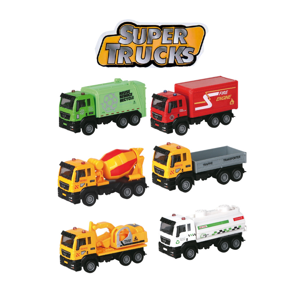 MINI CAMINHÃO BETONEIRA CAÇAMBA ESCAVADEIRA TANQUE SUPER TRUCKS ESCALA 1:55 FRICÇÃO