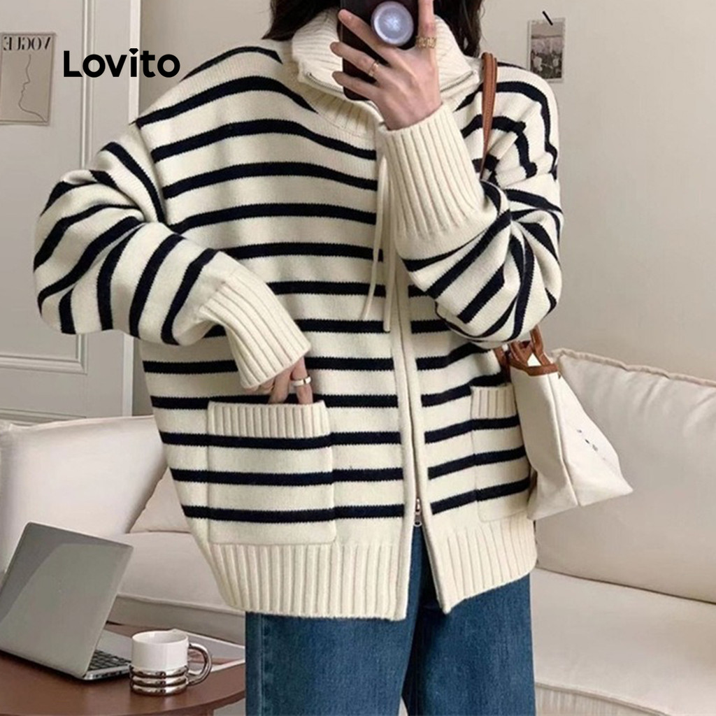 Lovito Cardigans Casuais com Zíper Outono/inverno Cardigans Off White para Mulheres LNA126006 em Oferta na Shopee