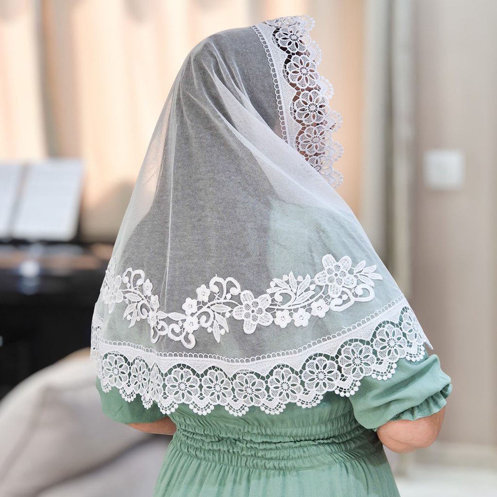 Véu Ccb Congregação Cristã Renda Guipir Larga e Aplique Floral Adulto (mod. Greice)