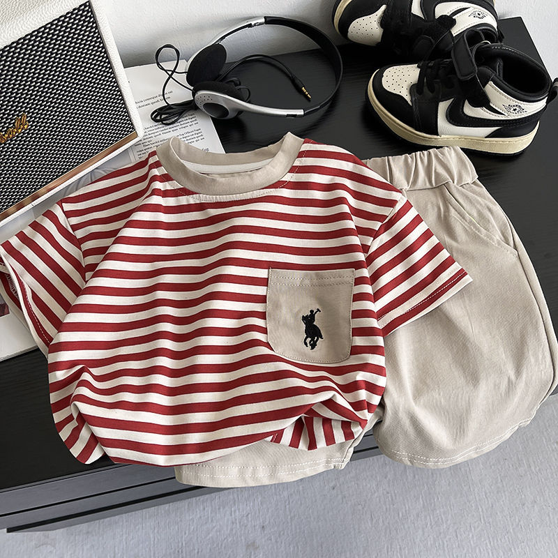 Crianças Roupas De Algodão Verão Bebê Meninos Tiras O-Pescoço Camisetas Shorts Calças 2 Pçs/set Infantil Criança Fatos D
