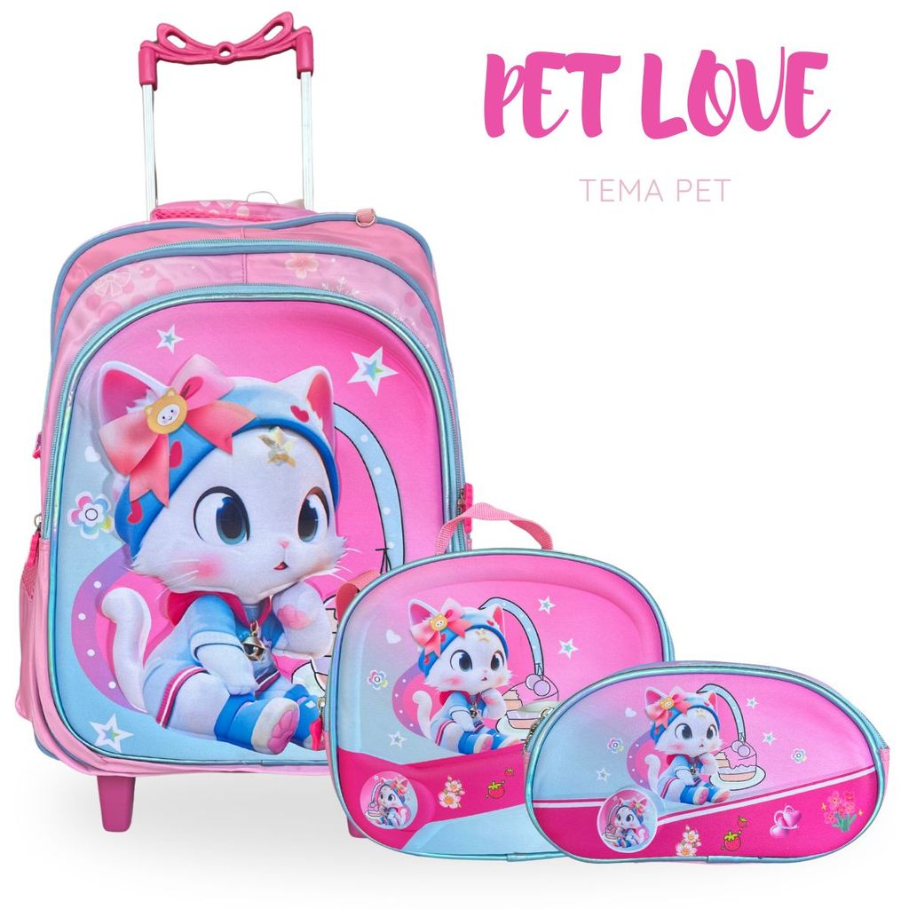 Kit 3 Peças Love Pets – Mochila com rodinhas, lancheira e estojo para a volta às aulas em Oferta na Shopee