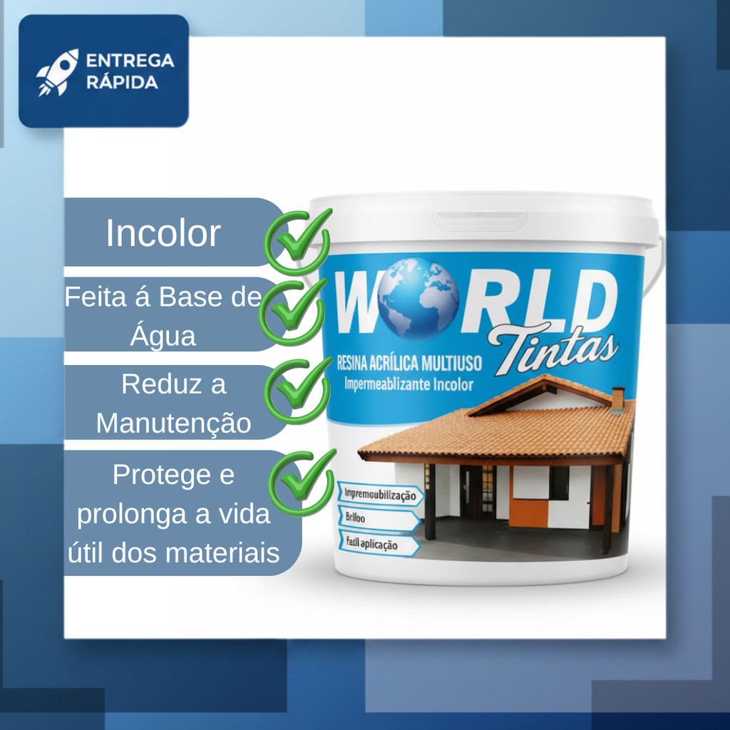 Resina Acrílica 3,6 Litros Incolor Base Água World - Telhados Telha Concreto Tijolos Pedras