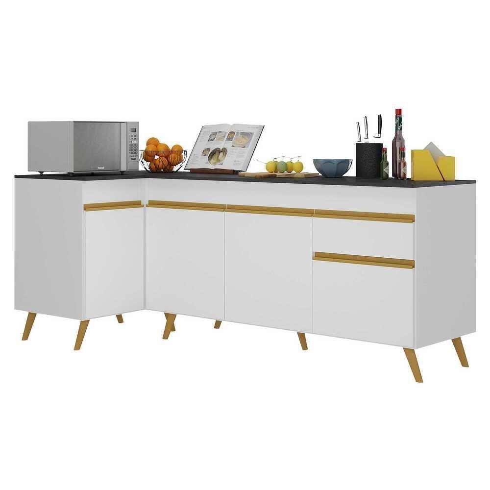 Kit Armário De Cozinha Balcão Canto 90cm E Gabinete Pia 150cm Veneza Mp2158 Branco/dourado