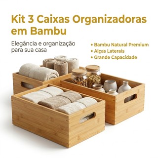 Kit Caixa Organizador De Bambu Com Alça Cozinha Casa Organizador Cesto Caixote Natural