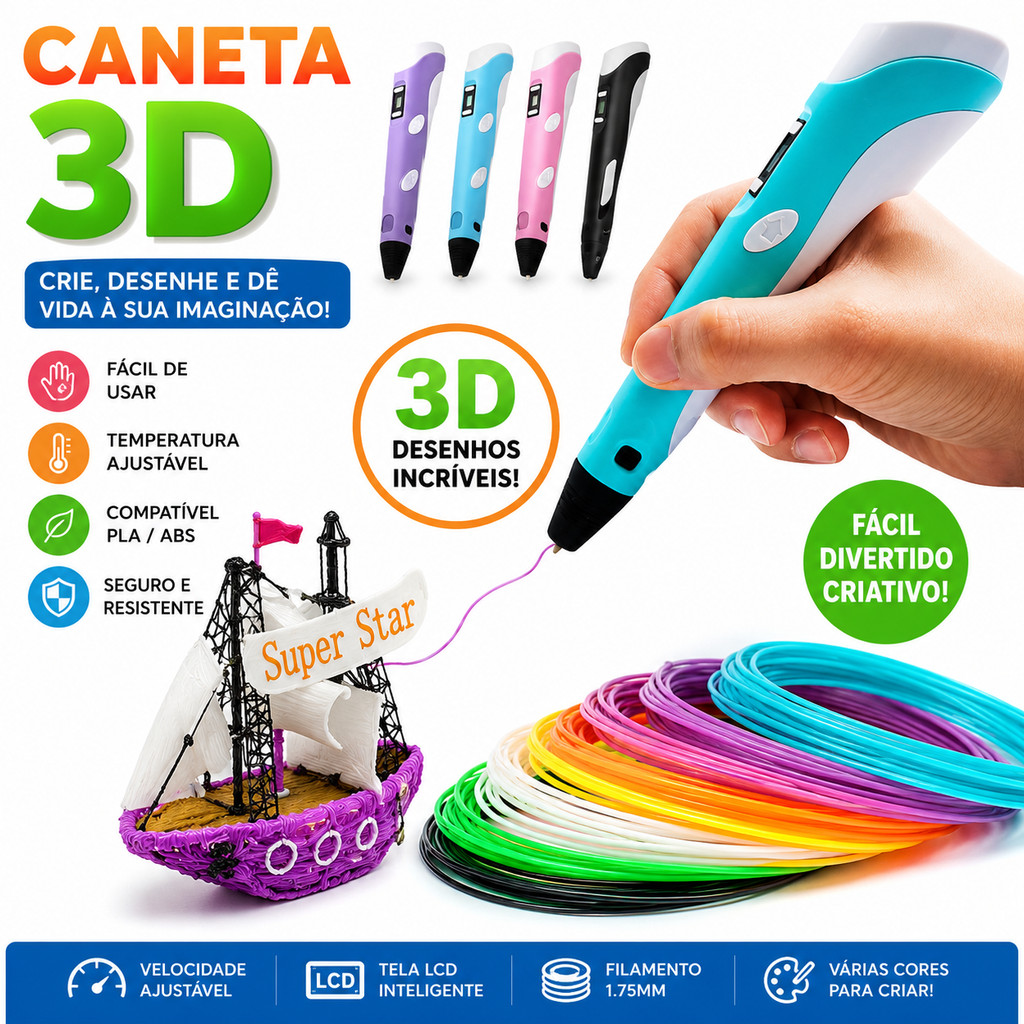 Caneta 3D Infantil e Adulto com Tela LCD + Filamentos PLA/ABS para Desenho 3D